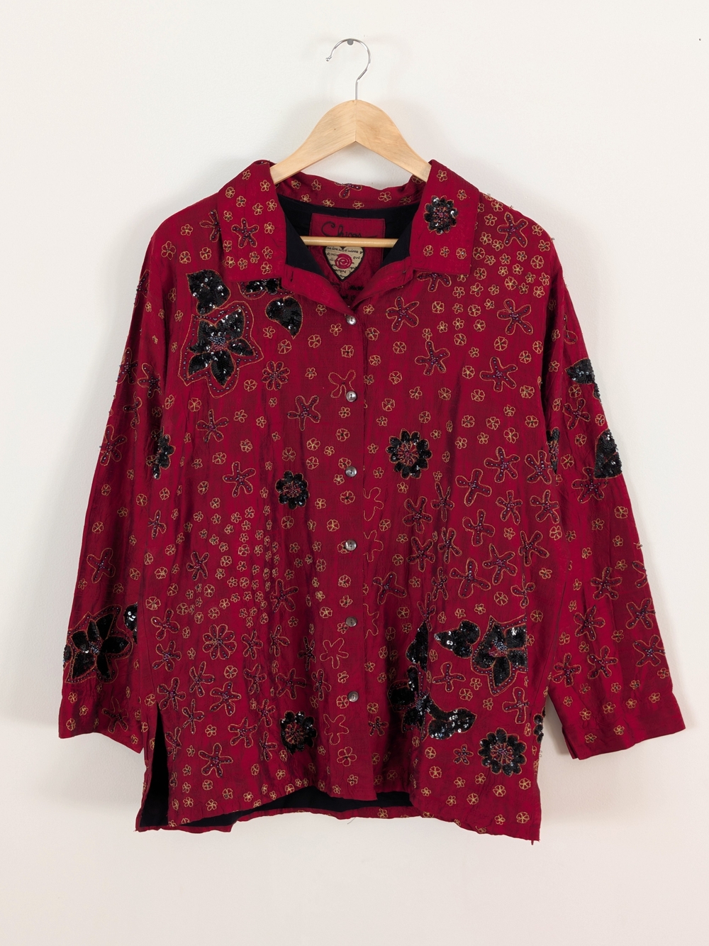 Chico's Silk Embroidered Sequin Floral Button-Down Shirt Jacket - XL